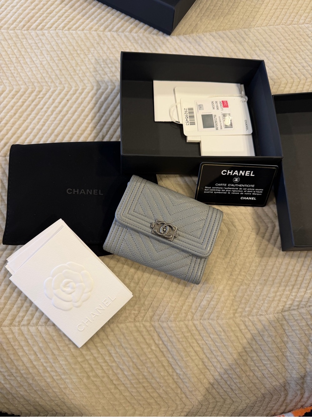 Authentic CHANEL Gray Chevron Quilted Leather Key/Card Holder with CC Logo